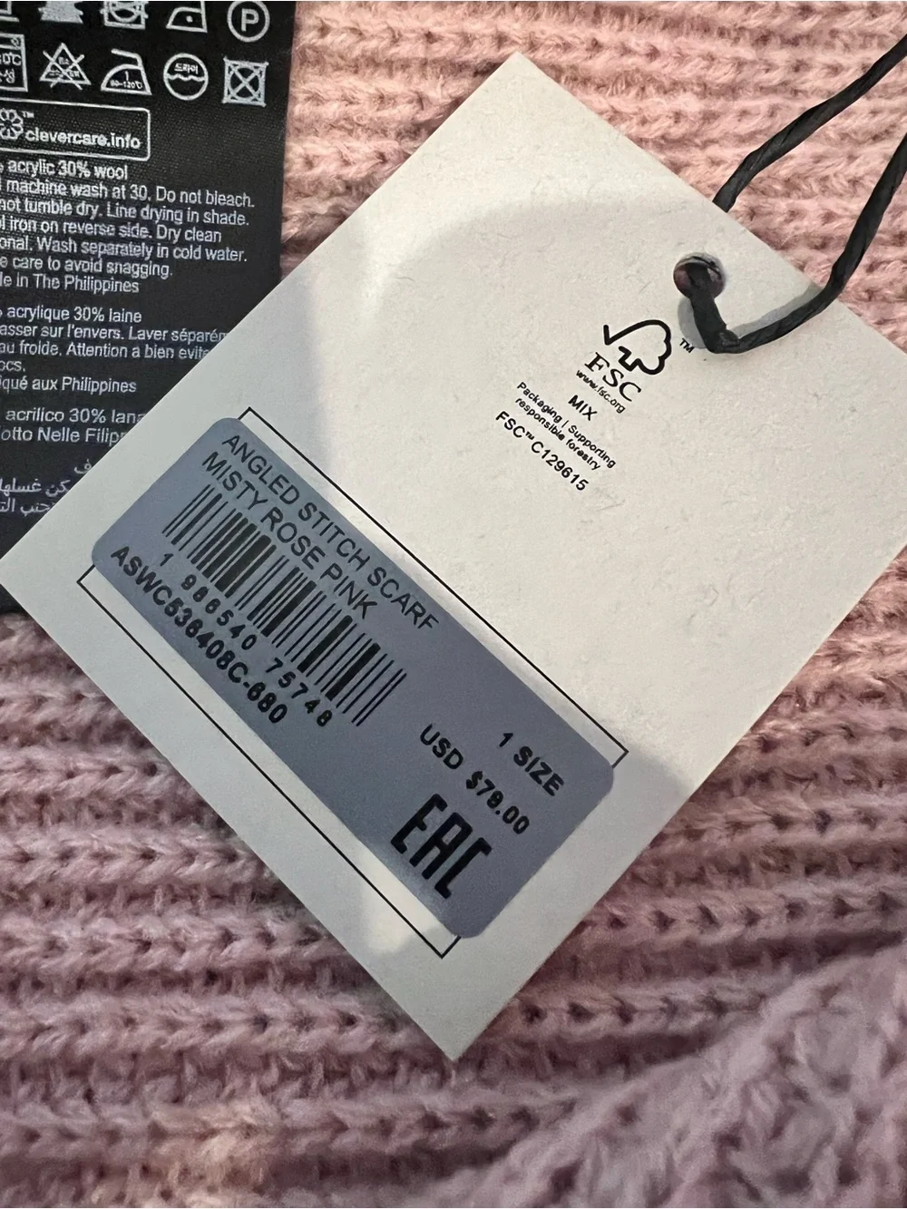 AllSaints Angled Stitch Scarf Misty Rose Pink Knit Oversized NWT Soft Minimalist